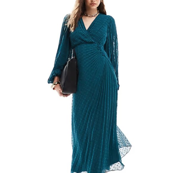 ASOS Dresses & Skirts - ASOS DESIGN Teal Pleated Textured Chiffon Maxi Dress Size 6